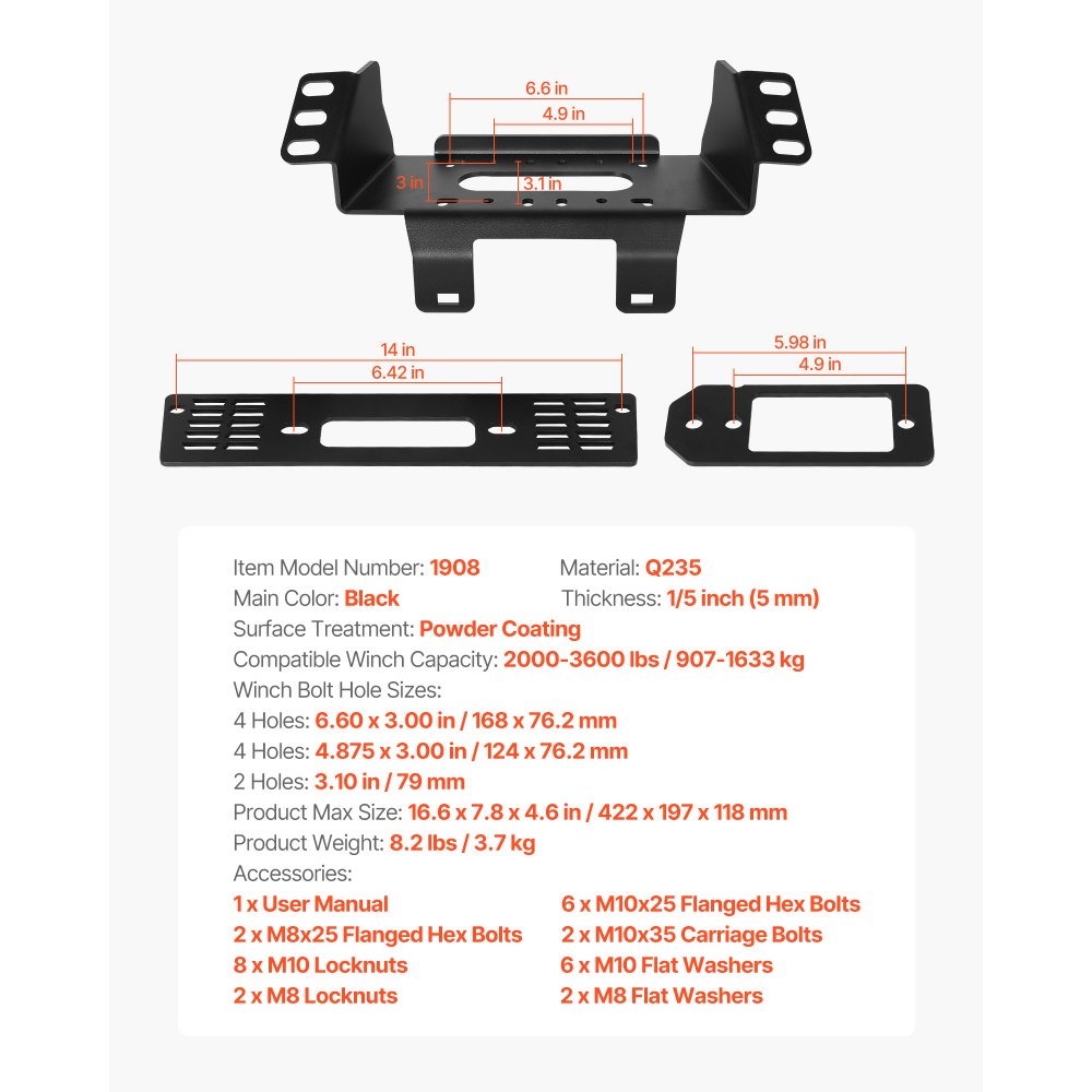 VEVOR Winch Mount, Winch Capacity of 907-1633 kg, Trailer Hitch Winch Mount for Select Polaris Ranger Models (2010-2021), 3 Mounting Hole Design, Powder Coated Steel, Fit for Muddy Road Rescue