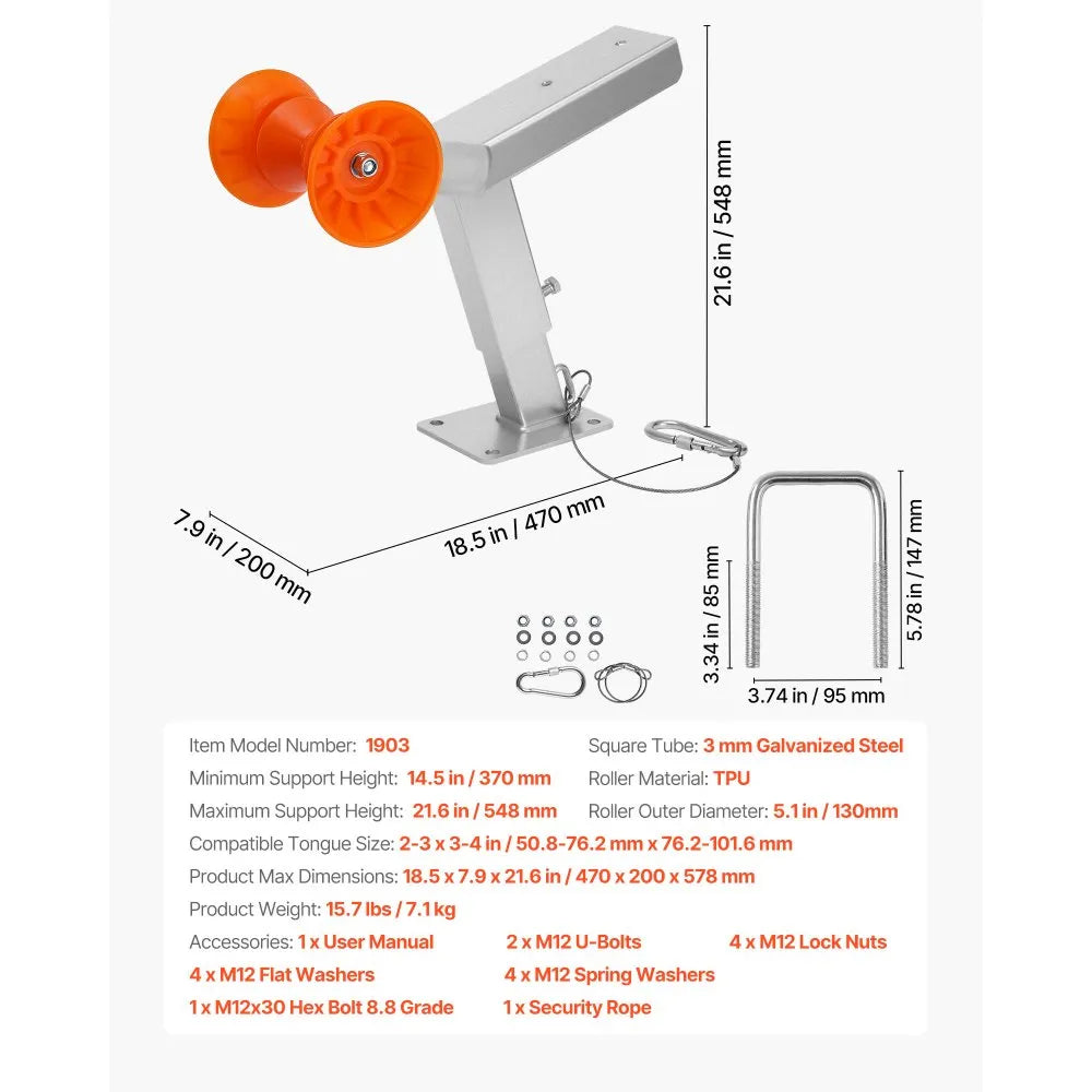 VEVOR Boat Trailer Winch Stand with Roller, Adjustable Height 14.3-21.6 Inches, Boat Winch Mount with U-Bolts for 2-3 Inches W x 3-4 Inches H Trailer Tongue, Fit for Jet Ski, Sailboat, Speedboat