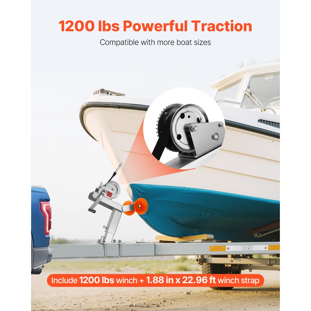 VEVOR Boat Trailer Winch Stand with Roller, 1200 lbs Winch & 2 in x 25 ft Winch Strap, Boat Winch Mount with U-Bolt for 2-3 Inches W x 3-4 Inches H Trailer Tongue, Fit for Jet Ski, Sailboat, Speedboat