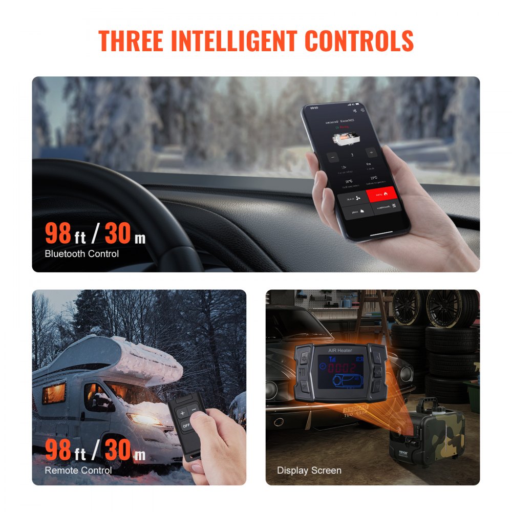 VEVOR 8KW Diesel Heater, 12V/24V All in One Diesel Air Heater, Bluetooth APP Control, Remote Control and Display Screen, CO Alarm, Fast Heating Horizontal Portable Diesel Heater for Vehicles, Garage