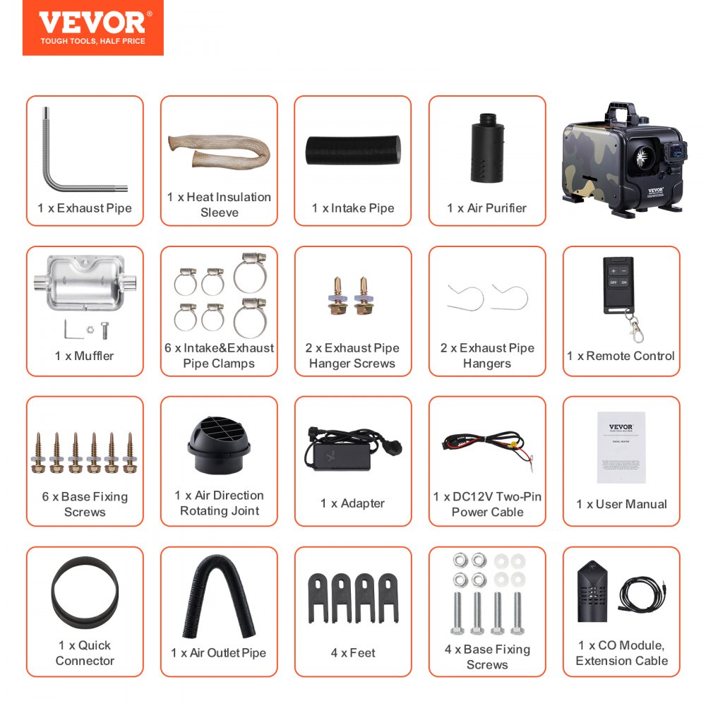 VEVOR 8KW Diesel Heater, 12V/24V All in One Diesel Air Heater, Bluetooth APP Control, Remote Control and Display Screen, CO Alarm, Fast Heating Horizontal Portable Diesel Heater for Vehicles, Garage