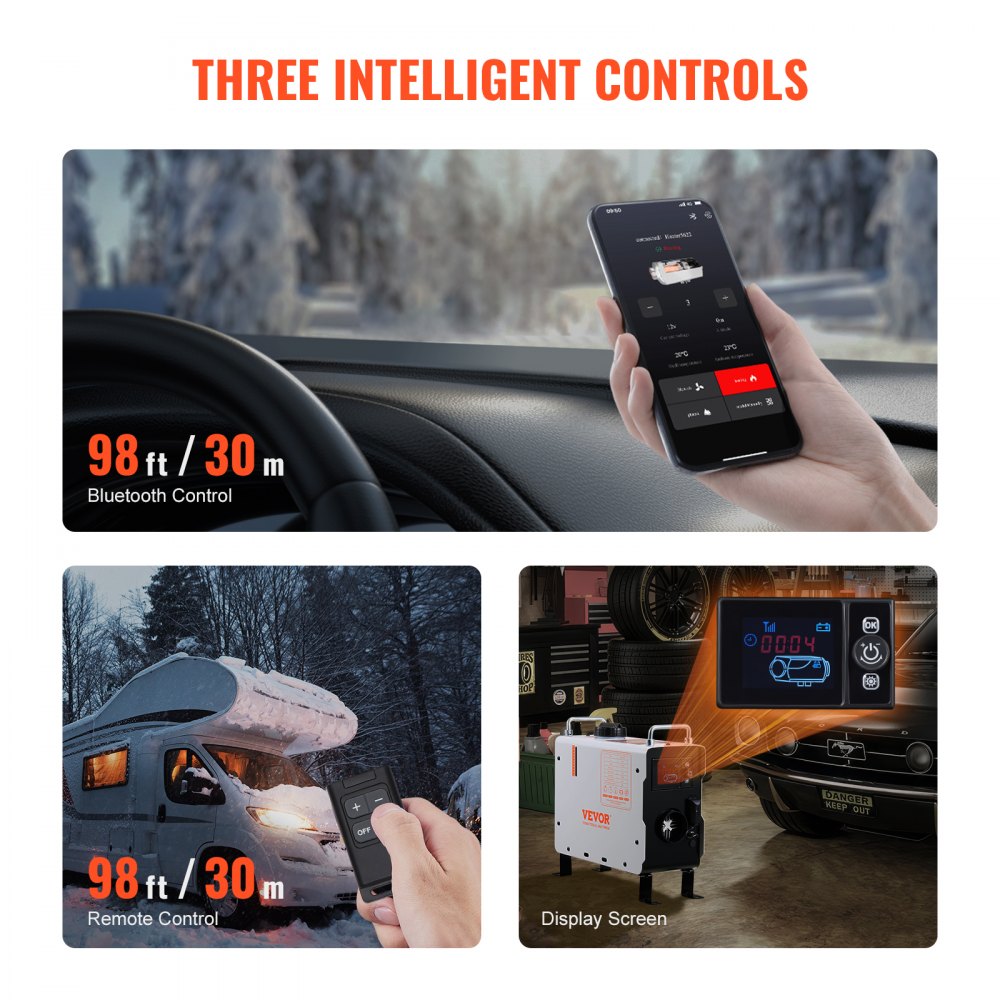 VEVOR 2KW Diesel Heater, 12V/24V All in One Diesel Air Heater, with Bluetooth APP Control, Remote Control and Display Screen, CO Alarm, Fast Heating Portable Diesel Heater for Vehicles and Outdoors