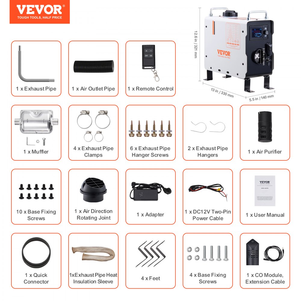 VEVOR 2KW Diesel Heater, 12V/24V All in One Diesel Air Heater, with Bluetooth APP Control, Remote Control and Display Screen, CO Alarm, Fast Heating Portable Diesel Heater for Vehicles and Outdoors