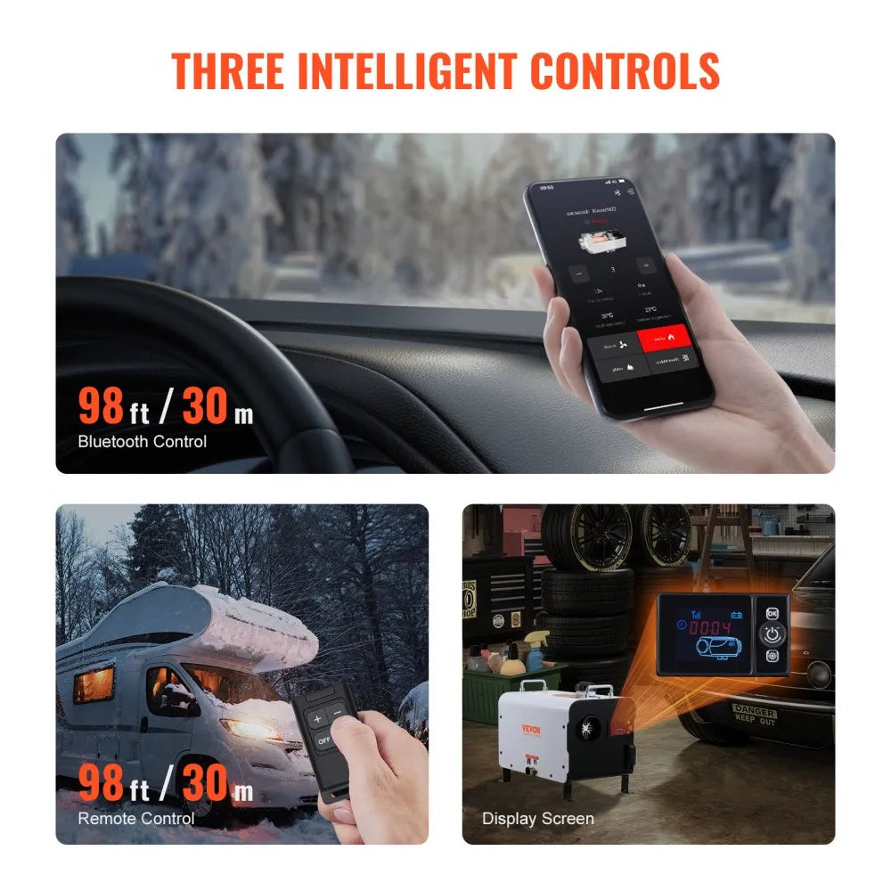 VEVOR 8KW Diesel Heater, 12V/24V All in One Diesel Air Heater, with Bluetooth APP Control, Remote Control and Display Screen, CO Alarm, Fast Heating Portable Diesel Heater for Vehicles and Outdoors