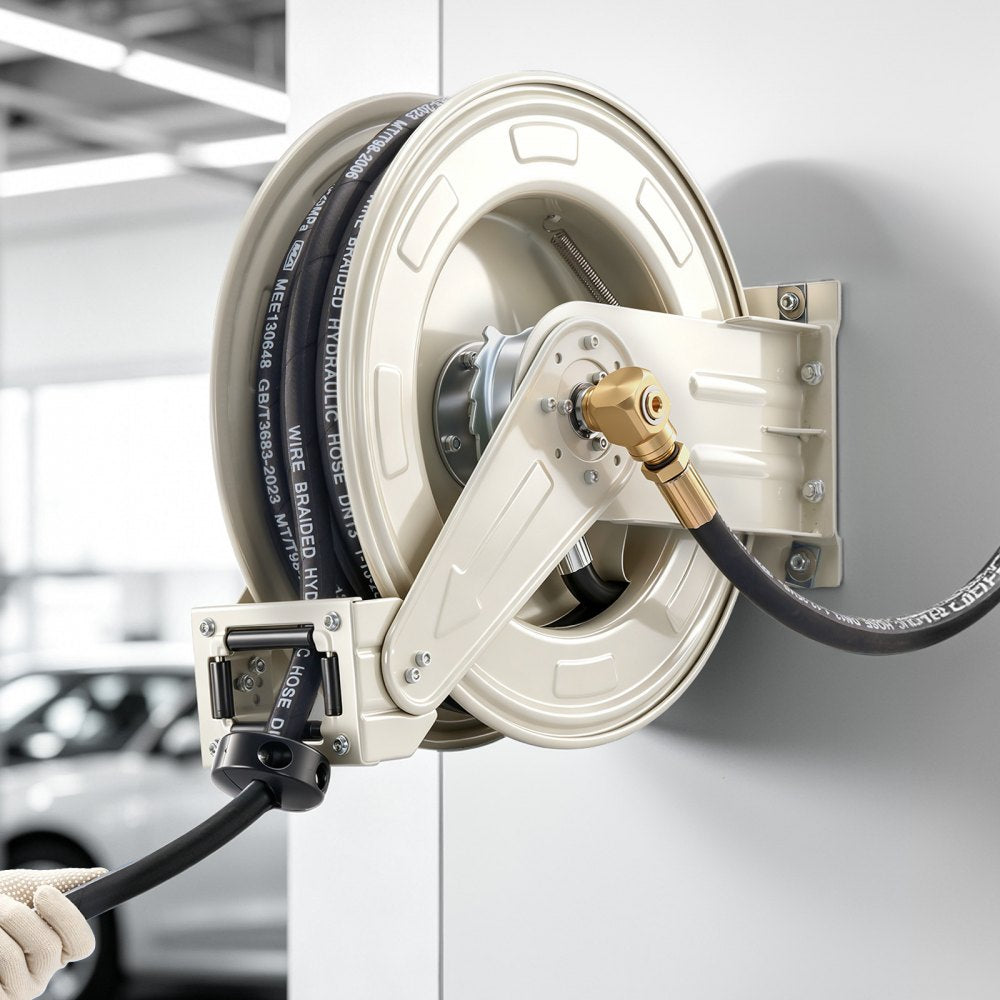 VEVOR Oil Hose Reel, 1/2 inch x 33 ft Retractable, Spring Driven Auto Swivel Rewind, Max 3625 PSI, Heavy-Duty Carbon Steel Construction with Steel Wire Braided Hose, for Engine / Gear / Hydraulic Oil