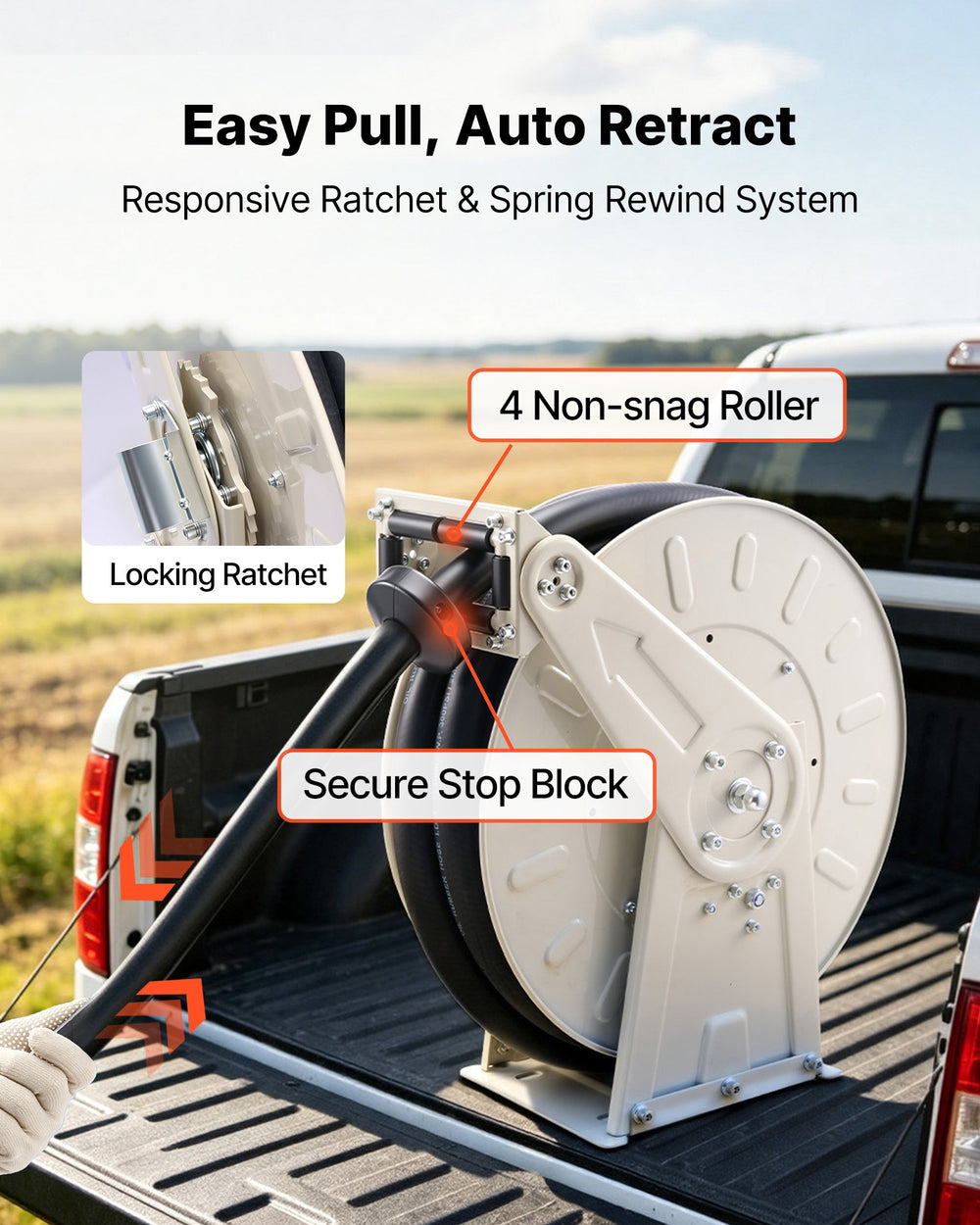 VEVOR Fuel Hose Reel, 1 inch x 33 ft Retractable, Spring Driven Auto Swivel Rewind, 300 PSI, Heavy-Duty Carbon Steel Construction with Industrial Grade Rubber Hose, for Diesel Fuel, Kerosene