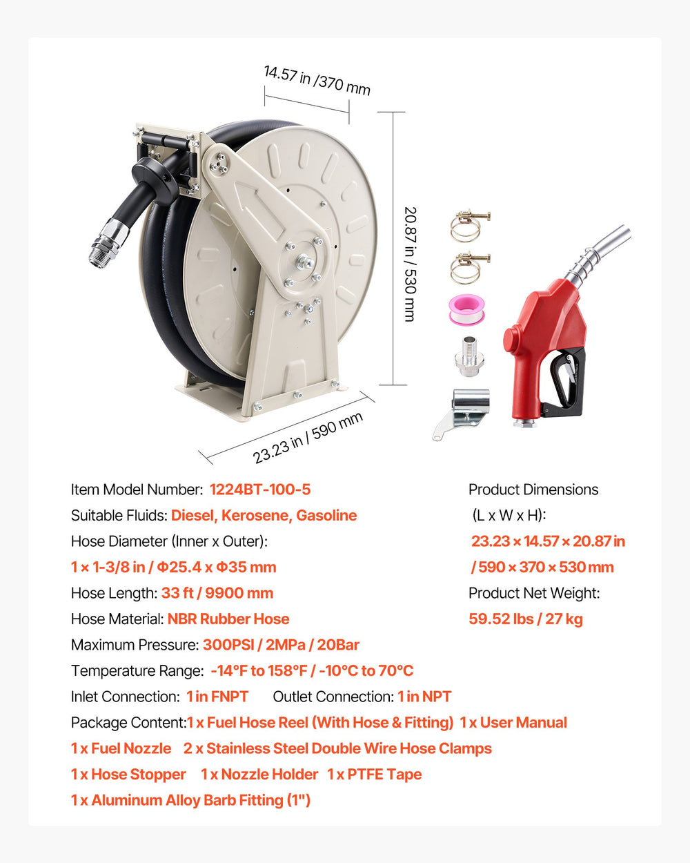 VEVOR Fuel Hose Reel, 1 inch x 33 ft Retractable, Spring Driven Auto Swivel Rewind, 300 PSI, Heavy-Duty Carbon Steel Construction with Industrial Grade Rubber Hose, for Diesel Fuel, Kerosene