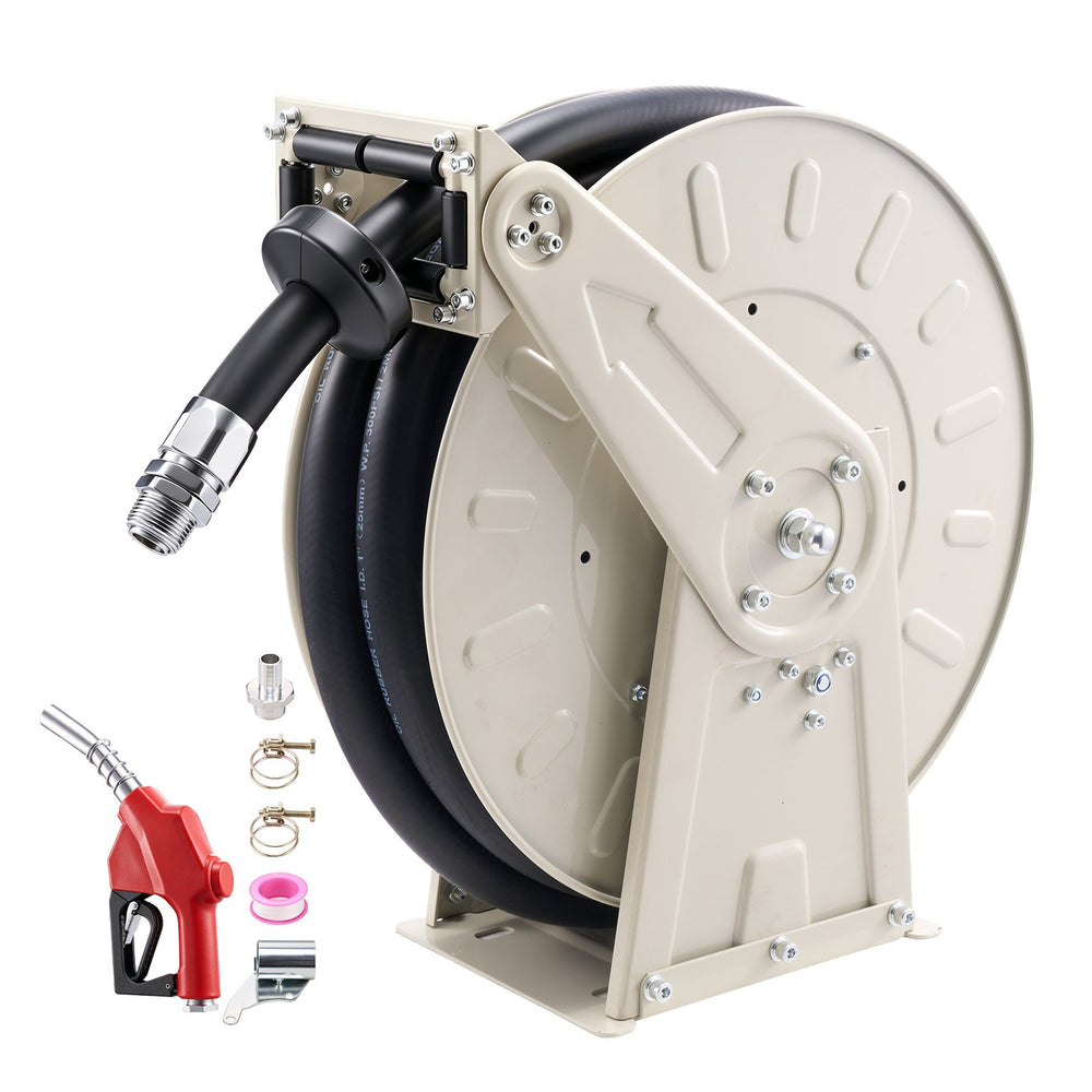 VEVOR Fuel Hose Reel, 1 inch x 33 ft Retractable, Spring Driven Auto Swivel Rewind, 300 PSI, Heavy-Duty Carbon Steel Construction with Industrial Grade Rubber Hose, for Diesel Fuel, Kerosene