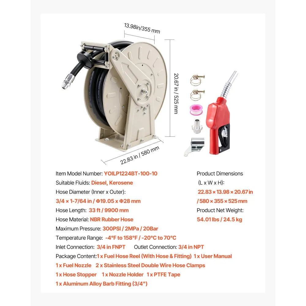 VEVOR Fuel Hose Reel, 3/4 inch x 33 ft Retractable, Spring Driven Auto Swivel Rewind, 300 PSI, Heavy-Duty Carbon Steel Construction with Industrial Grade Rubber Hose, for Diesel Fuel, Kerosene