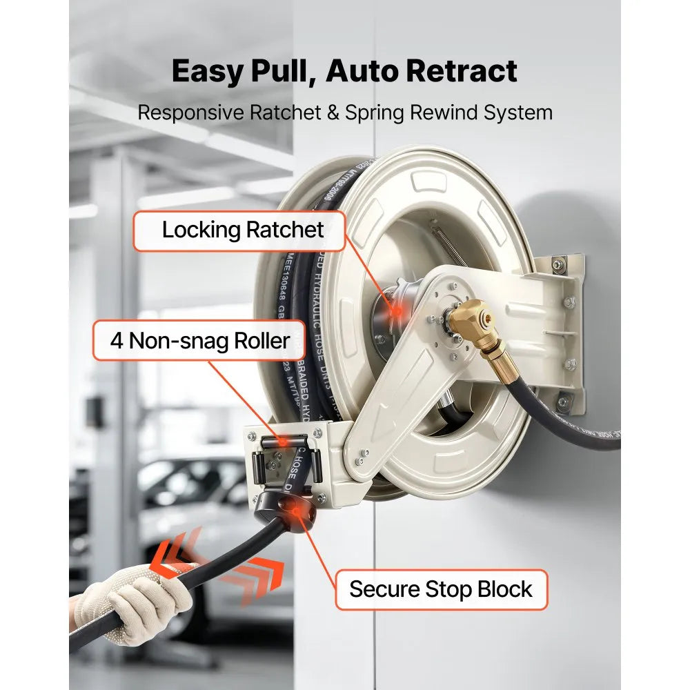 VEVOR Oil Hose Reel, 1/2 inch x 50 ft Retractable, Spring Driven Auto Swivel Rewind, Max 3625 PSI, Heavy-Duty Carbon Steel Construction with Steel Wire Braided Hose, for Engine / Gear / Hydraulic Oil