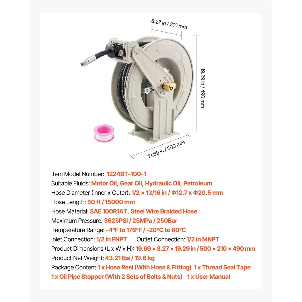 VEVOR Oil Hose Reel, 1/2 inch x 50 ft Retractable, Spring Driven Auto Swivel Rewind, Max 3625 PSI, Heavy-Duty Carbon Steel Construction with Steel Wire Braided Hose, for Engine / Gear / Hydraulic Oil