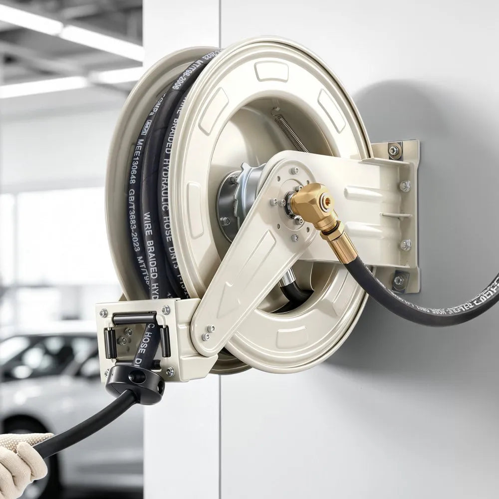 VEVOR Oil Hose Reel, 1/2 inch x 50 ft Retractable, Spring Driven Auto Swivel Rewind, Max 3625 PSI, Heavy-Duty Carbon Steel Construction with Steel Wire Braided Hose, for Engine / Gear / Hydraulic Oil