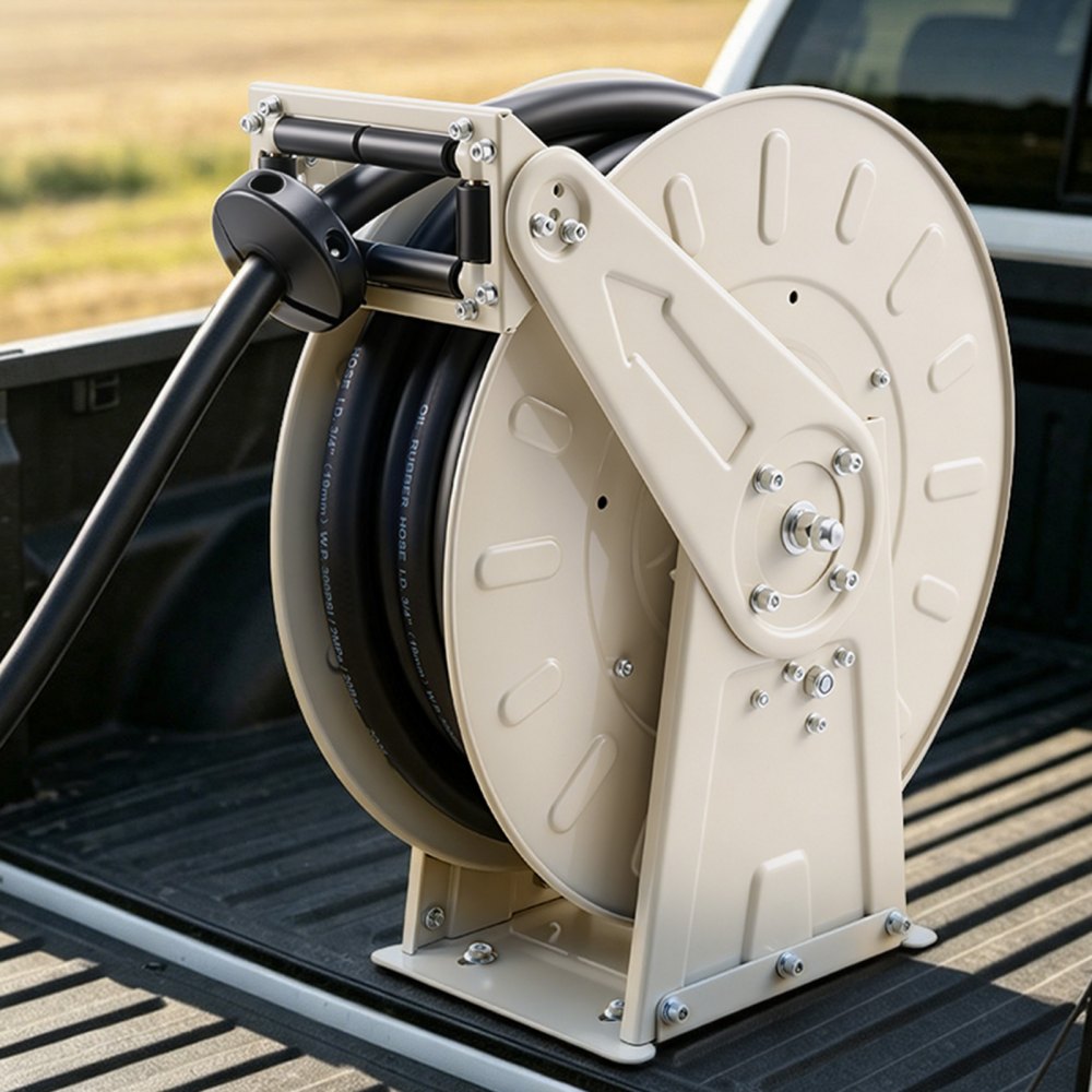 VEVOR Fuel Hose Reel, 3/4 inch x 50 ft Retractable, Spring Driven Auto Swivel Rewind, 300 PSI, Heavy-Duty Carbon Steel Construction with Industrial Grade Rubber Hose, for Diesel Fuel, Kerosene