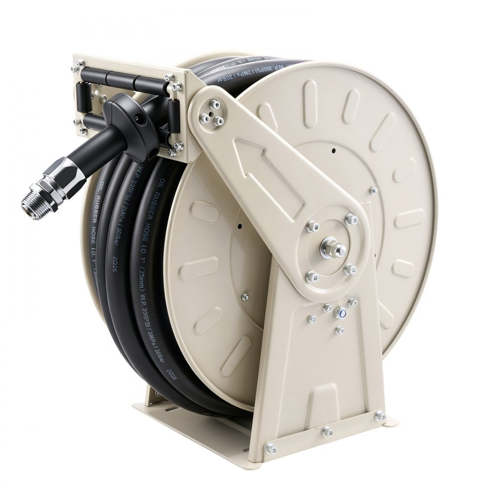VEVOR Fuel Hose Reel, 1 inch x 50 ft Retractable, Spring Driven Auto Swivel Rewind, 300 PSI, Heavy-Duty Carbon Steel Construction with Industrial Grade Rubber Hose, for Diesel Fuel, Kerosene