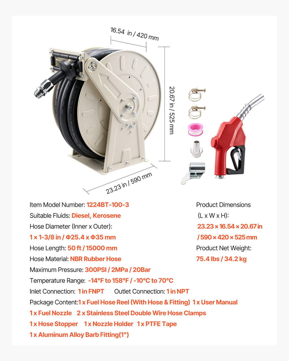 VEVOR Fuel Hose Reel, 1 inch x 50 ft Retractable, Spring Driven Auto Swivel Rewind, 300 PSI, Heavy-Duty Carbon Steel Construction with Industrial Grade Rubber Hose, for Diesel Fuel, Kerosene