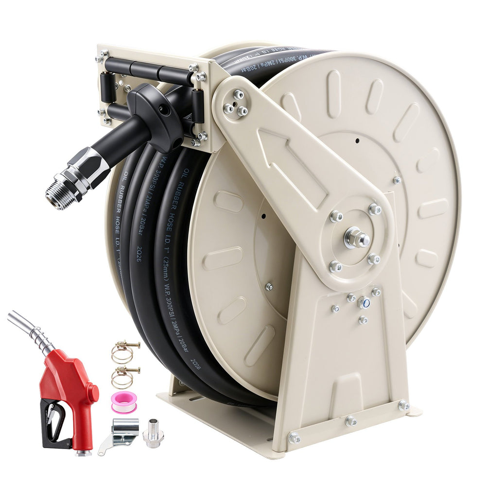 VEVOR Fuel Hose Reel, 1 inch x 50 ft Retractable, Spring Driven Auto Swivel Rewind, 300 PSI, Heavy-Duty Carbon Steel Construction with Industrial Grade Rubber Hose, for Diesel Fuel, Kerosene