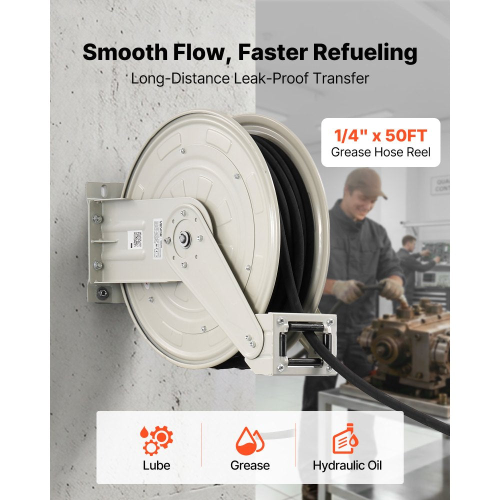 VEVOR Grease Hose Reel, 1/4 in x 50 ft Retractable, Spring Driven Auto Swivel Rewind, Max 10152 PSI, Heavy-Duty Carbon Steel Construction with Steel Wire Braided Hose, for Lube, Grease, Hydraulic Oil