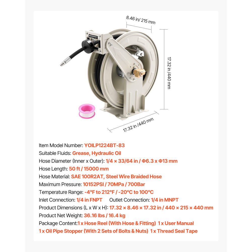 VEVOR Grease Hose Reel, 1/4 in x 50 ft Retractable, Spring Driven Auto Swivel Rewind, Max 10152 PSI, Heavy-Duty Carbon Steel Construction with Steel Wire Braided Hose, for Lube, Grease, Hydraulic Oil
