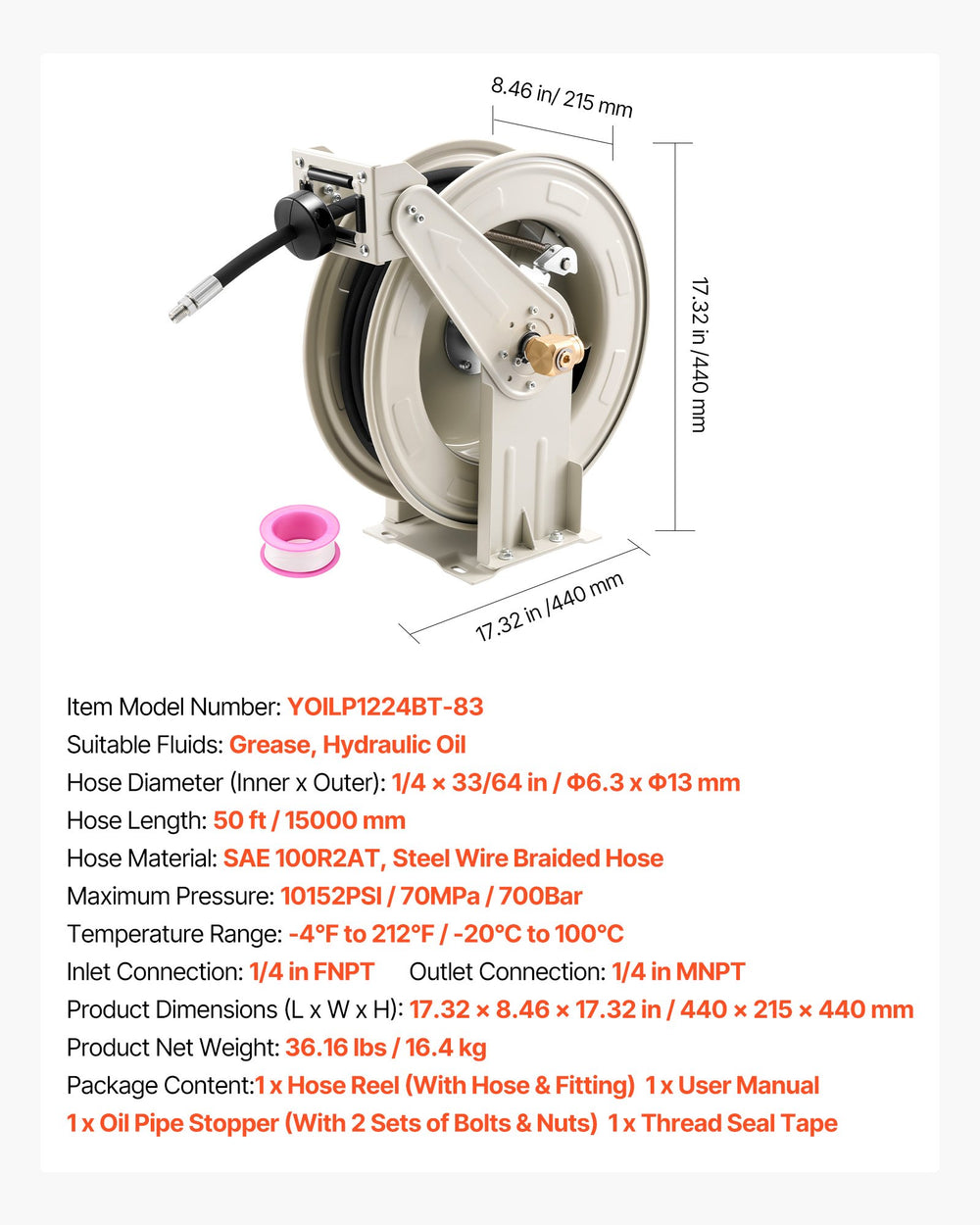 VEVOR Grease Hose Reel, 1/4 in x 50 ft Retractable, Spring Driven Auto Swivel Rewind, Max 10152 PSI, Heavy-Duty Carbon Steel Construction with Steel Wire Braided Hose, for Lube, Grease, Hydraulic Oil
