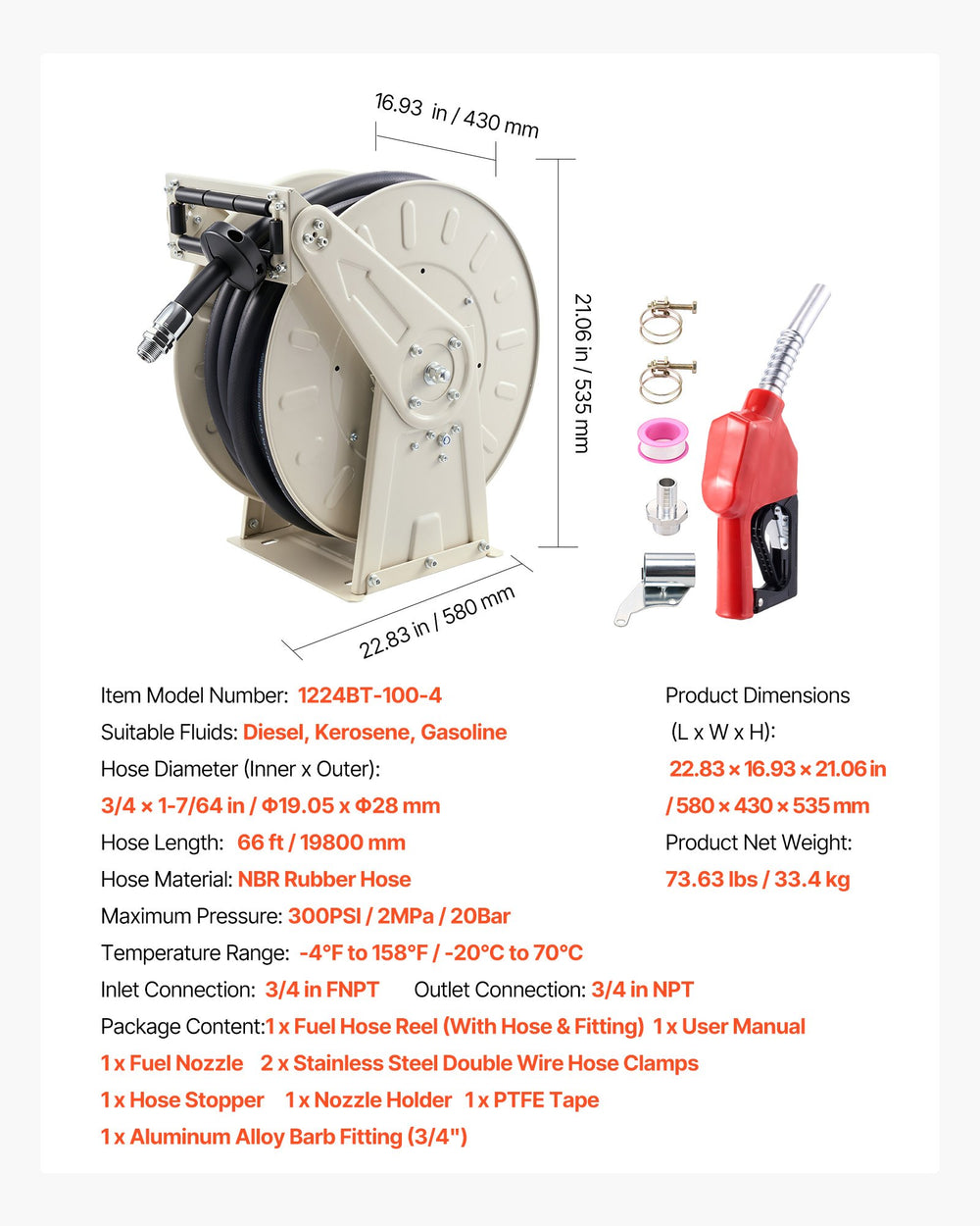 VEVOR Fuel Hose Reel, 3/4 inch x 66 ft Retractable, Spring Driven Auto Swivel Rewind, 300 PSI, Heavy-Duty Carbon Steel Construction with Industrial Grade Rubber Hose, for Diesel Fuel, Kerosene