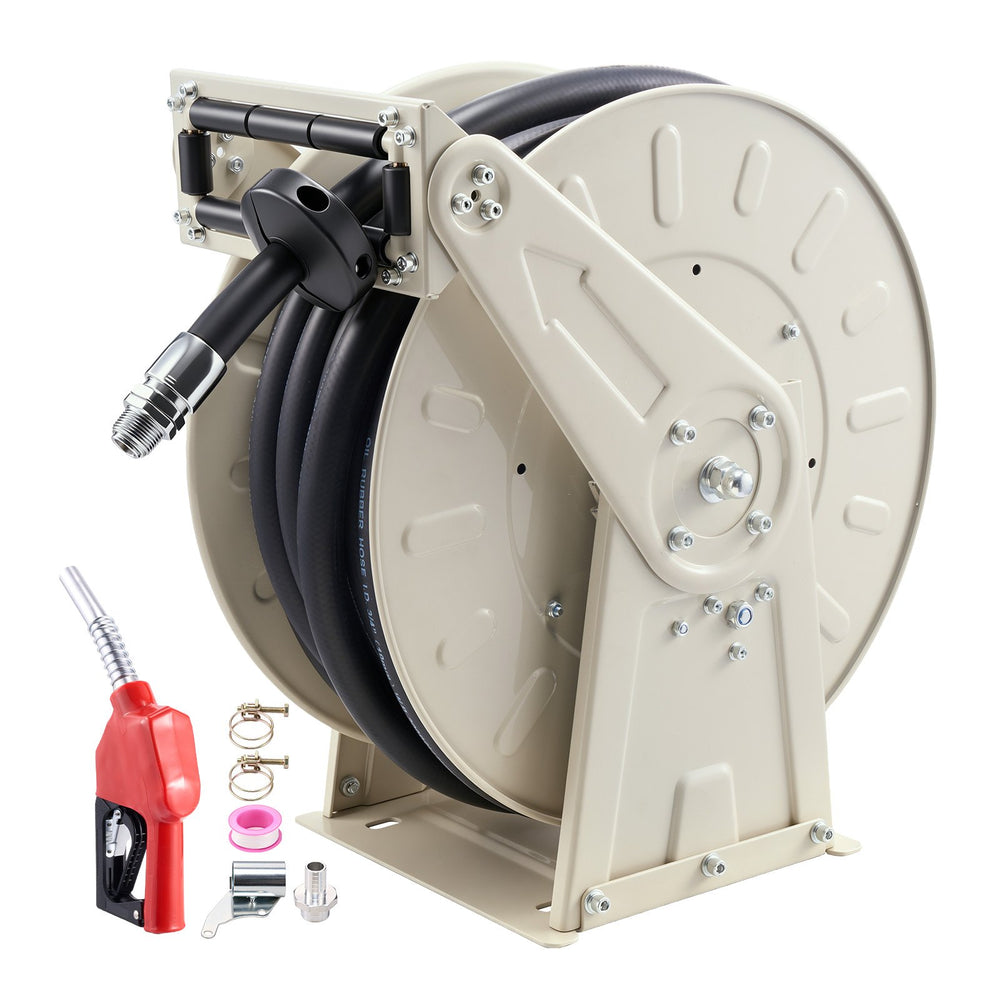 VEVOR Fuel Hose Reel, 3/4 inch x 66 ft Retractable, Spring Driven Auto Swivel Rewind, 300 PSI, Heavy-Duty Carbon Steel Construction with Industrial Grade Rubber Hose, for Diesel Fuel, Kerosene