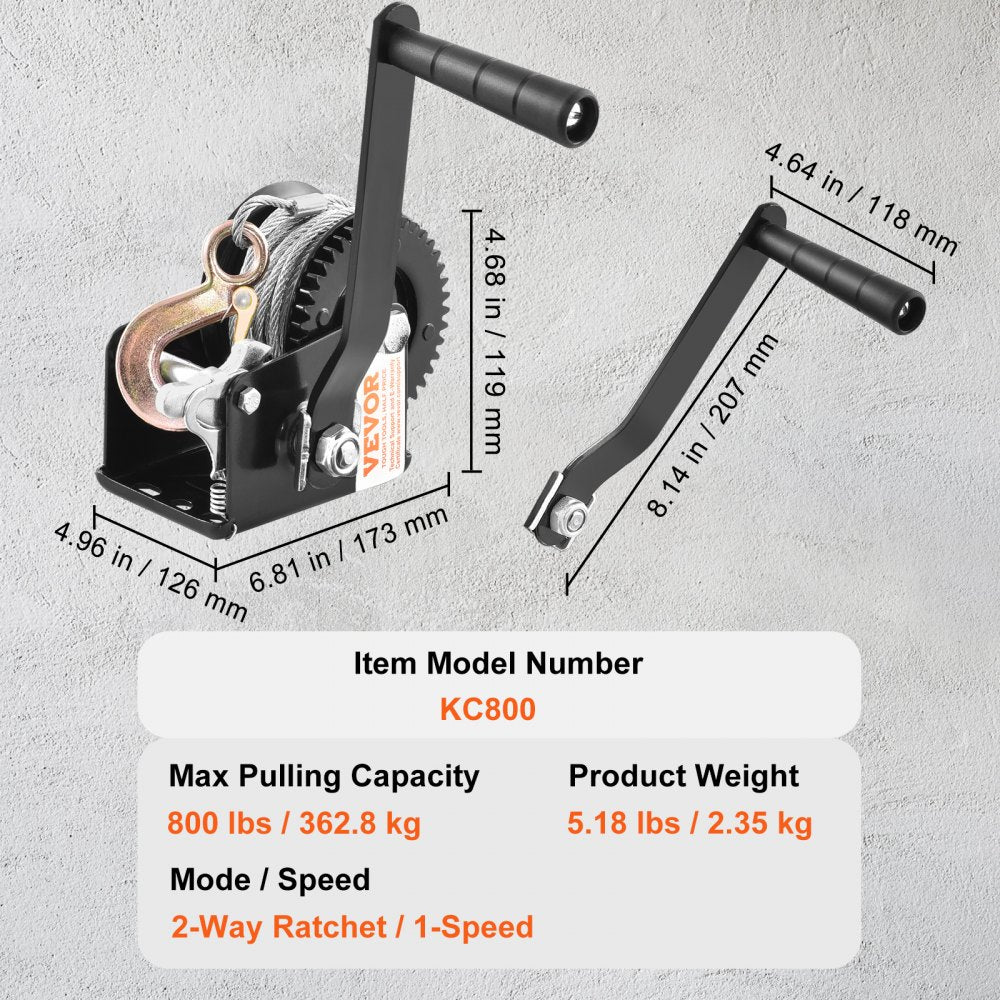 VEVOR Hand Winch, 800 lbs Pulling Capacity, Boat Trailer Winch Heavy Duty Rope Crank with 33 ft Steel Wire Cable and Two-Way Ratchet, Manual Operated Hand Crank Winch for Trailer, Boat or ATV Towing