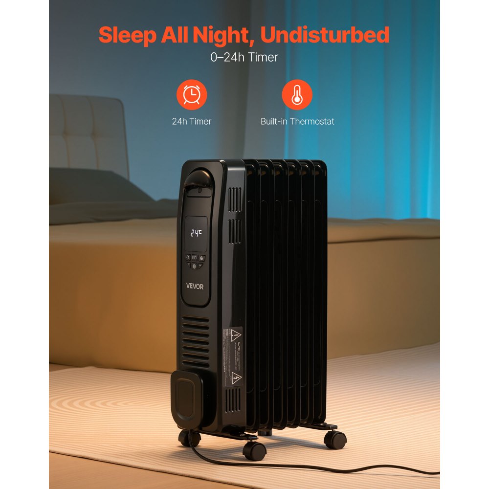VEVOR Electric Oil Filled Radiator, 1500W Radiant Space Heater with LED Screen, Over-Heat Protections,24h Timer, Portable Handle Casters, Thermostat,Remote Control for Indoor Use,Black