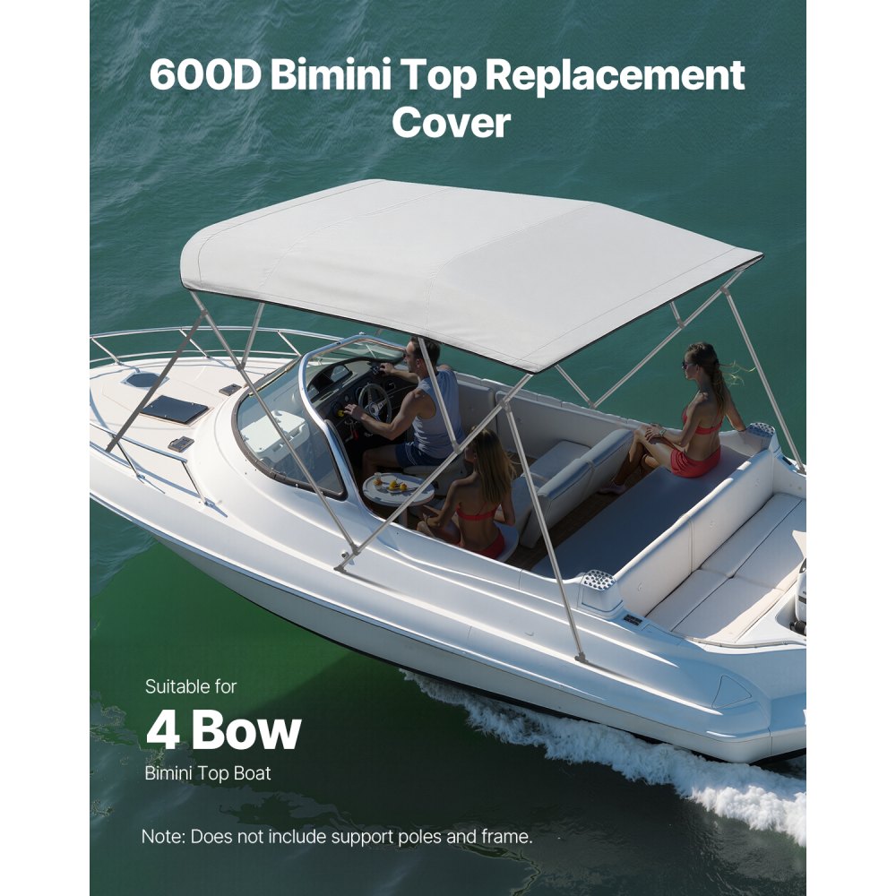 VEVOR 4 Bow Bimini Top Replacement Cover, 8 ft Long, Durable 600D Marine Grade Waterproof Sun Shade Boat Canopy with Storage Boot, Easy Install Zipper Sleeve Awning, 96"L x (91"-96")W, Gray (No Frame)