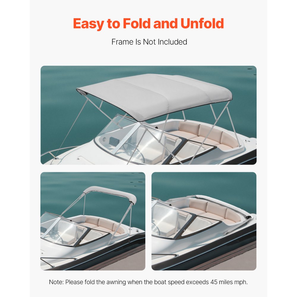 VEVOR 4 Bow Bimini Top Replacement Cover, 8 ft Long Durable 600D Marine Grade Waterproof Sun Shade Boat Canopy with Storage Boot, Easy Install Zipper Sleeve Awning, 96"L x (97"-103")W, Gray (No Frame)
