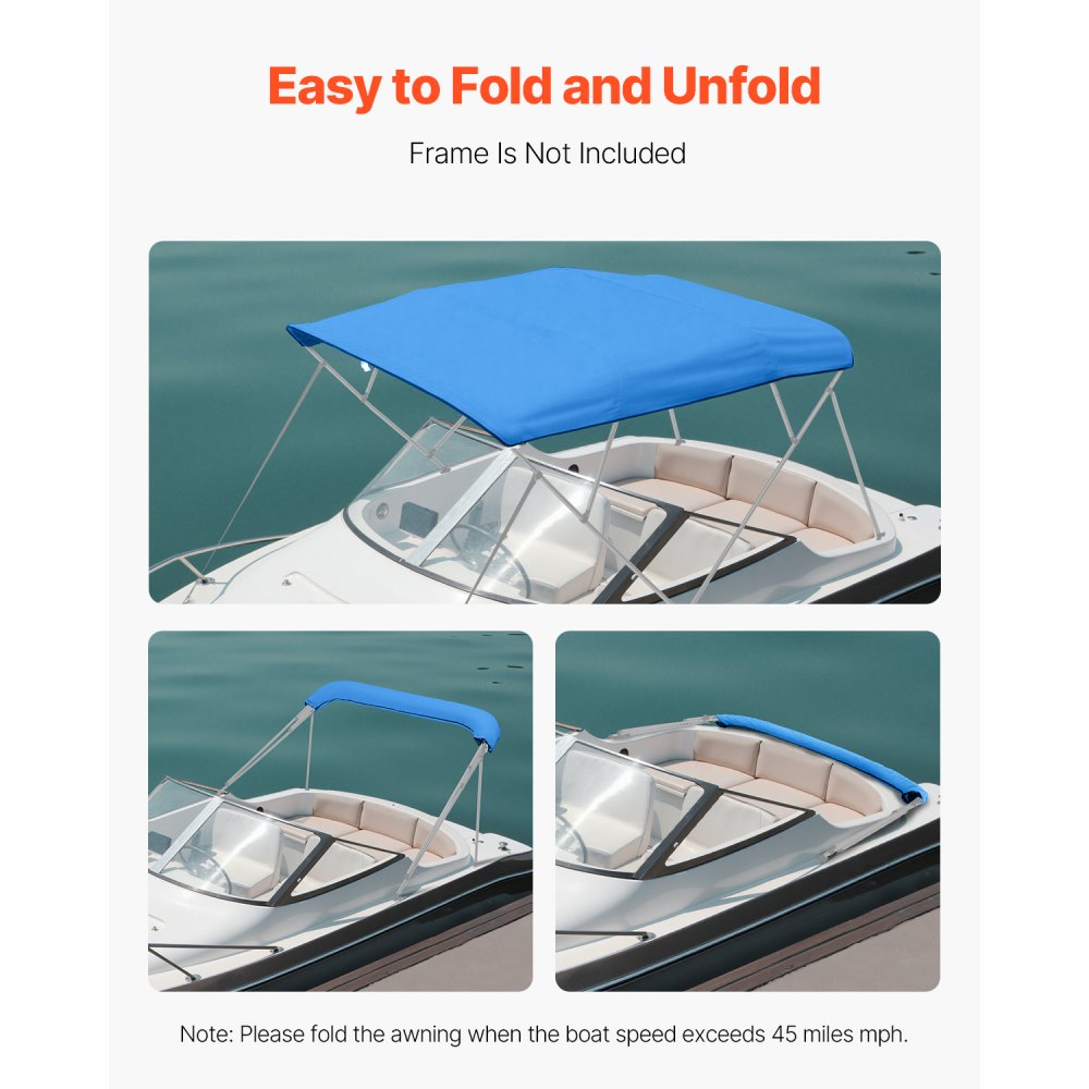 VEVOR 4 Bow Bimini Top Replacement Cover, 8 ft Long, Durable 600D Marine Grade Waterproof Sun Shade Boat Canopy with Storage Boot, Easy Install Zipper Sleeve Awning, 96"L x (91"-96")W, Blue (No Frame)