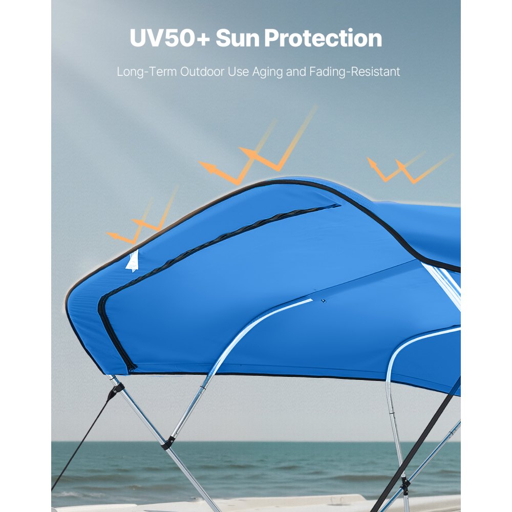 VEVOR 4 Bow Bimini Top Replacement Cover, 8 ft Long Durable 600D Marine Grade Waterproof Sun Shade Boat Canopy with Storage Boot, Easy Install Zipper Sleeve Awning, 96"L x (97"-103")W, Blue (No Frame)