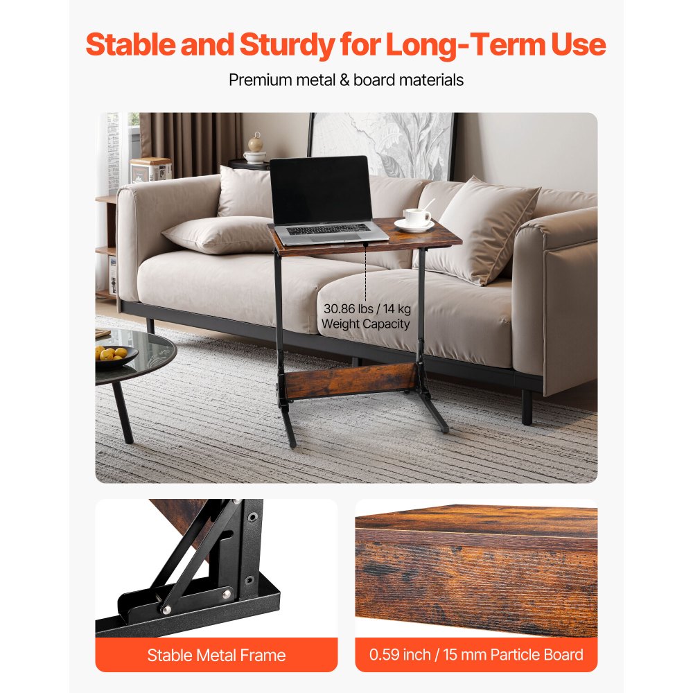 VEVOR C Table, Folding C Shaped End Table with Metal Frame & Adjustable Feet, Foldable C Shaped Side Table for Living Room Bedroom Office, 23.62 x 14.57 x 27.56 inch C Shaped TV Tray, Brown and Black
