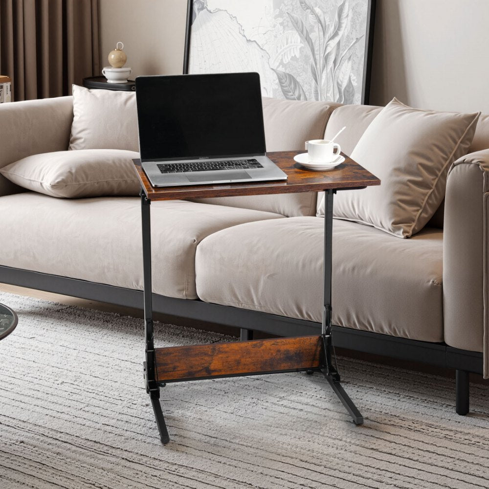VEVOR C Table, Folding C Shaped End Table with Metal Frame & Adjustable Feet, Foldable C Shaped Side Table for Living Room Bedroom Office, 23.62 x 14.57 x 27.56 inch C Shaped TV Tray, Brown and Black