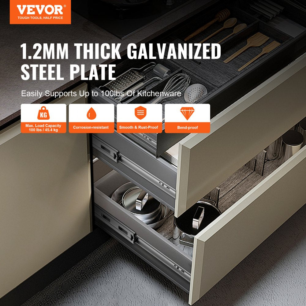 VEVOR 6 Pairs of 20 Inch Drawer Slides Side Mount Rails, Heavy Duty Full Extension Steel Track, Soft-Close Noiseless Guide Glides Cabinet Kitchen Runners with Ball Bearing, 100 Lbs Load Capacity