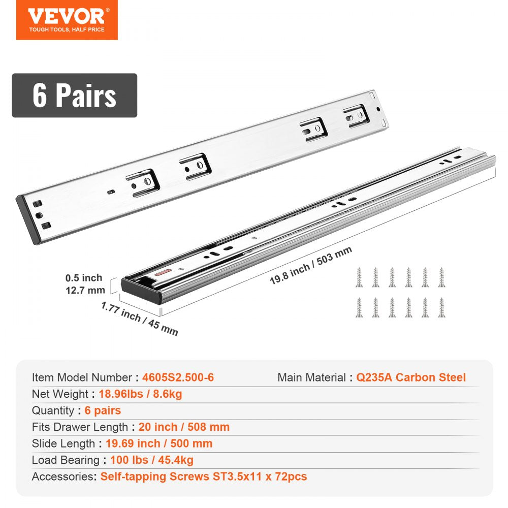 VEVOR 6 Pairs of 20 Inch Drawer Slides Side Mount Rails, Heavy Duty Full Extension Steel Track, Soft-Close Noiseless Guide Glides Cabinet Kitchen Runners with Ball Bearing, 100 Lbs Load Capacity