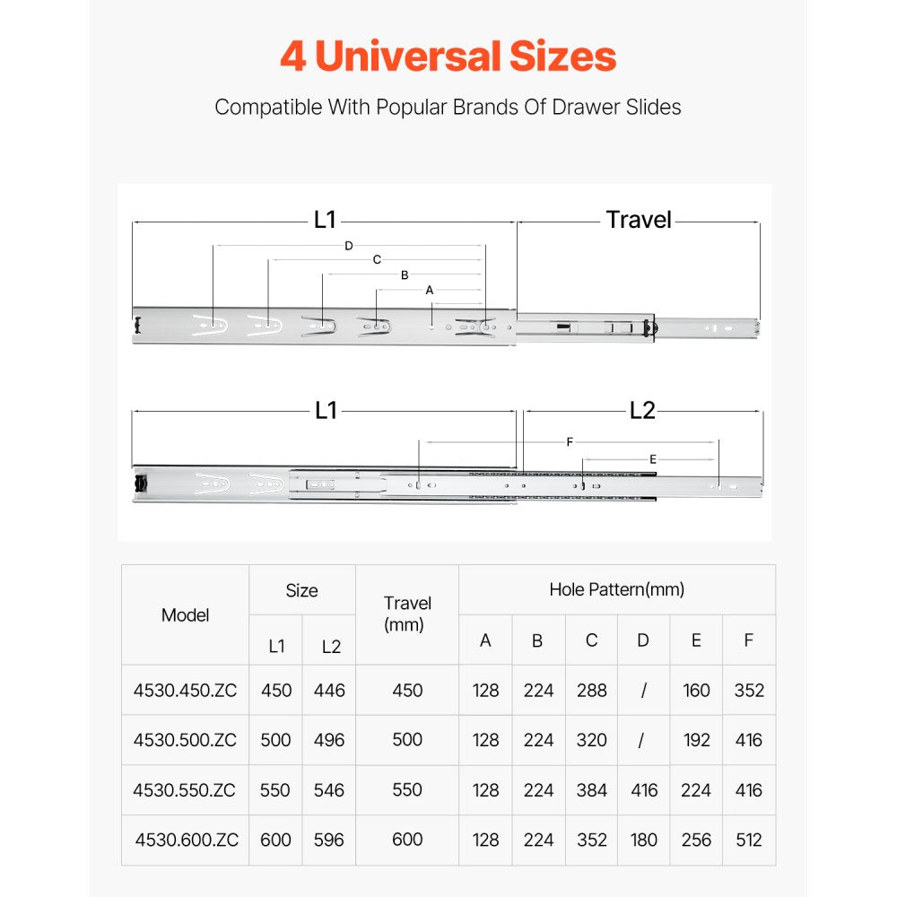 VEVOR Drawer Slides, 20 inch, 10 Pairs Full Extension Ball Bearing Cabinet Rails, 100 LB Load Capacity Heavy Duty Side Mount Dresser Drawer Slides, Drawer Track Runners for Kitchen DIY Replacement