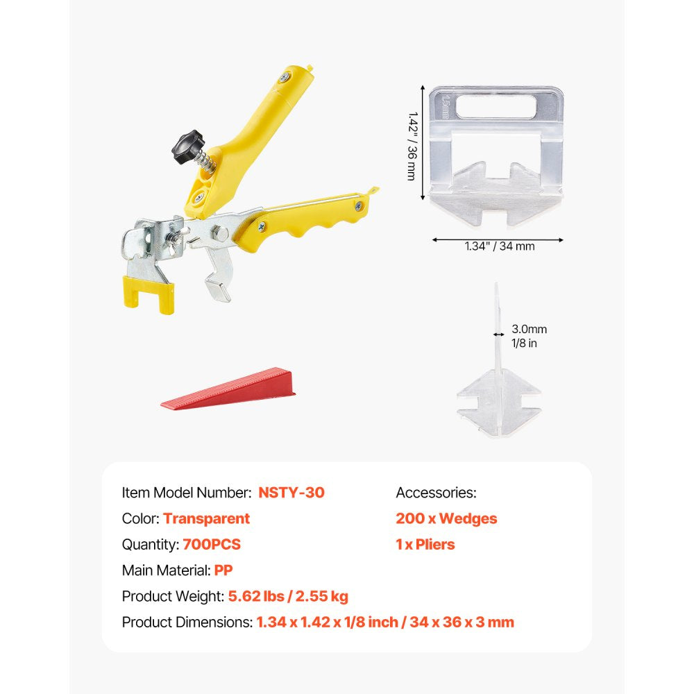 VEVOR Tile Leveling System, 1/8 Inch(3 mm) with 1pc Tile Plier, 700 PCS DIY Tile Leveler Spacers Clips and 200 PCS Reusable Wedges, Tile Tools Set for Professional Ceramic Tile and Stone Installation