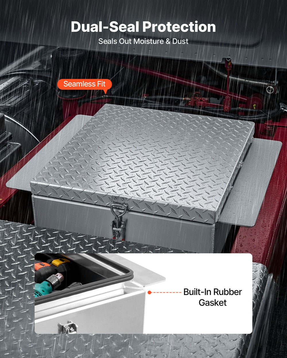 VEVOR truck bed tool box - dual-seal protection, built-in rubber gasket illustration