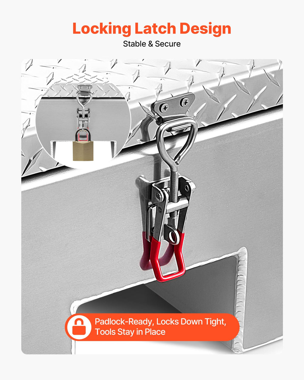 VEVOR truck bed tool box - locking latch design, padlock-ready illustration