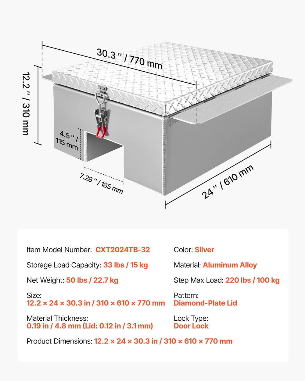 VEVOR truck bed tool box - dimensions and key specs illustration (model CXT2024TB-32)