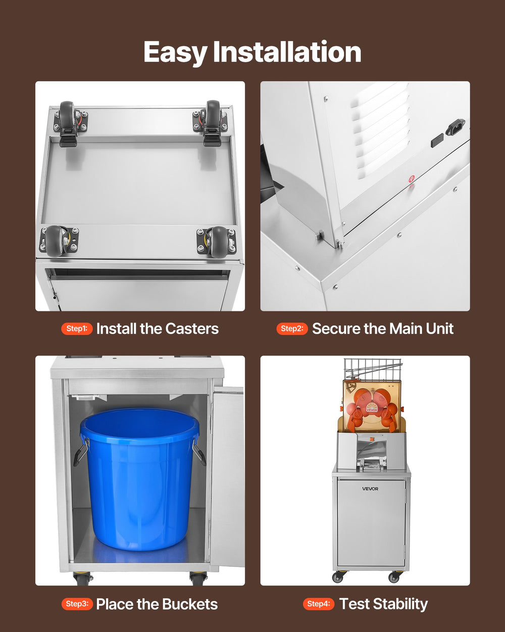 VEVOR Movable Base Cabinet for Orange Juicer, Thickened Stainless Steel, 4 Swivel Casters, Compatible with VEVOR NS2000E-2\NS2000E-2T\NS2000E-3 Semi-Automatic Feed Orange Juicer, Easy Installation