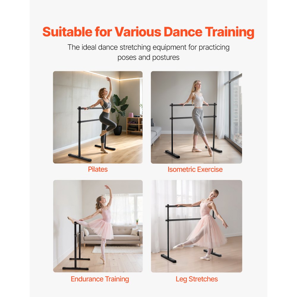 VEVOR Ballet Barre, 4 Ft Double Barre Bar for Home, Freestanding Portable Ballet Stretching Dance Bars, Height Adjustable Anti-Wobble Fitness Studio Equipment, for Pilates Balance Workout