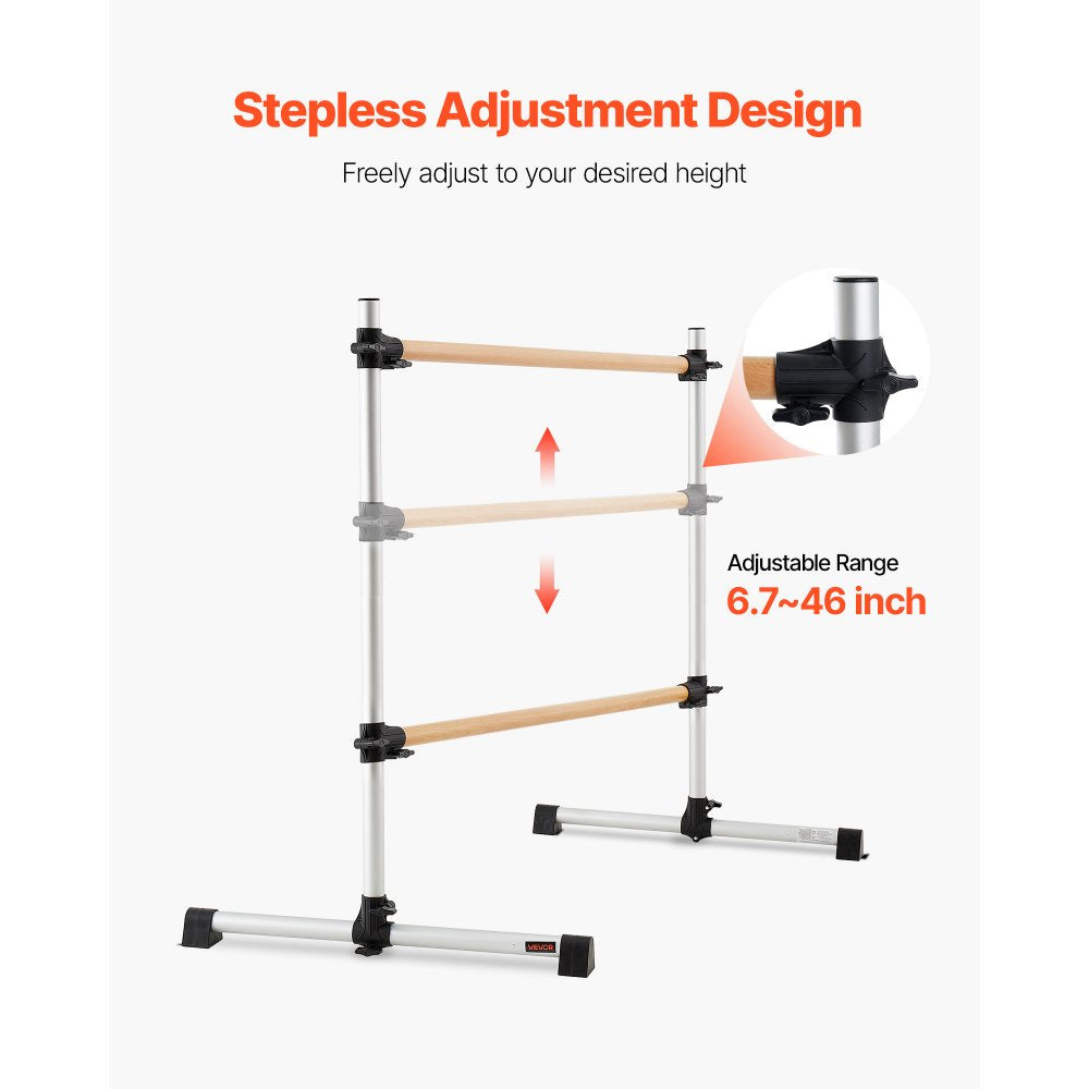 VEVOR Ballet Barre, 6 Ft Double Beechwood Barre Bar for Home, Freestanding Portable Ballet Stretching Dance Bars, Height Adjustable Anti-Wobble Fitness Gym Equipment, for Pilates Balance Workout