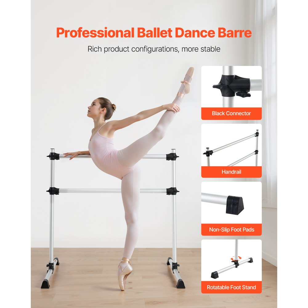 VEVOR Ballet Barre, 4 Ft Aluminum Double Barre Bar for Home, Freestanding Portable Ballet Stretching Dance Bars, Height Adjustable Anti-Wobble Fitness Studio Equipment, for Pilates Balance Workout