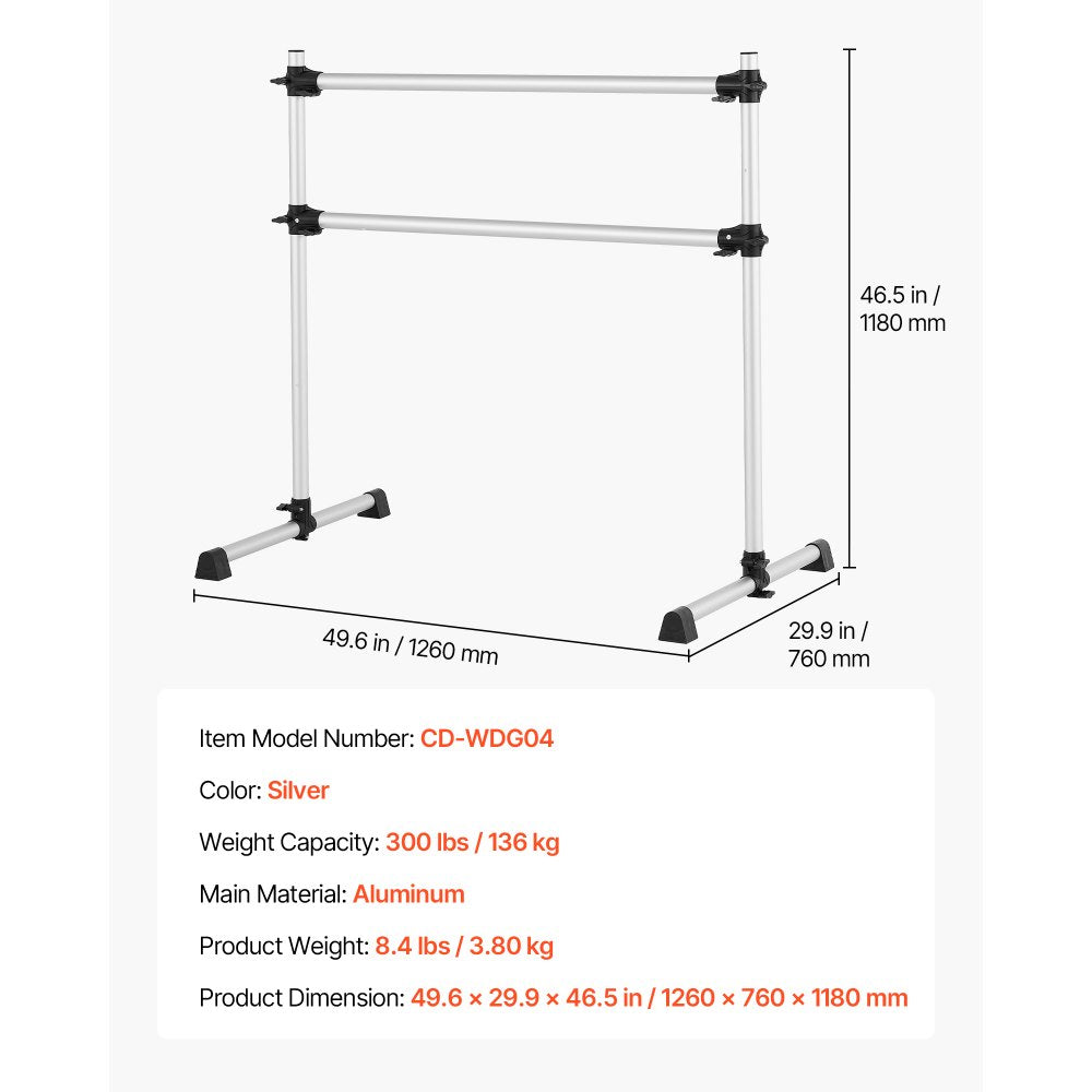 VEVOR Ballet Barre, 4 Ft Aluminum Double Barre Bar for Home, Freestanding Portable Ballet Stretching Dance Bars, Height Adjustable Anti-Wobble Fitness Studio Equipment, for Pilates Balance Workout