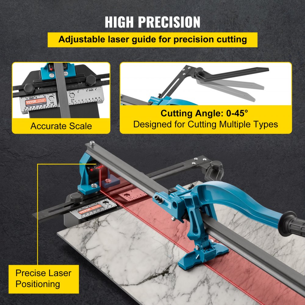 VEVOR Manual Tile Cutter, 24 inch, Porcelain Ceramic Tile Cutter with Tungsten Carbide Cutting Wheel, Infrared Positioning, Anti-Skid Feet, Durable Rails for professional installers or beginners