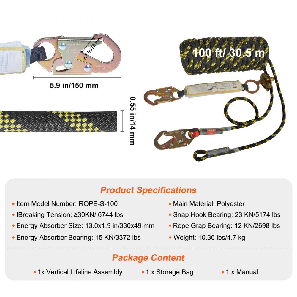 VEVOR Vertical Lifeline Assembly, 0.55'' x 100' Fall Protection Rope with 30 KN Breaking Tension, Polyester Roofing Rope with Steel Snap Hooks, Rope Grab, and Shock Absorber, ANSI Compliant