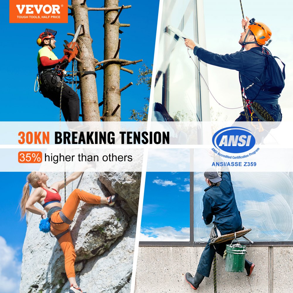 VEVOR Vertical Lifeline, 150ft (45.7m) Outdoor Climbing Rope 30KN Breaking Tension, Static Rock Climbing Rope with Steel Snap Hooks and Rope Grap, for Escape, Outdoor Adventures, and Lumbering, Black & Yellow