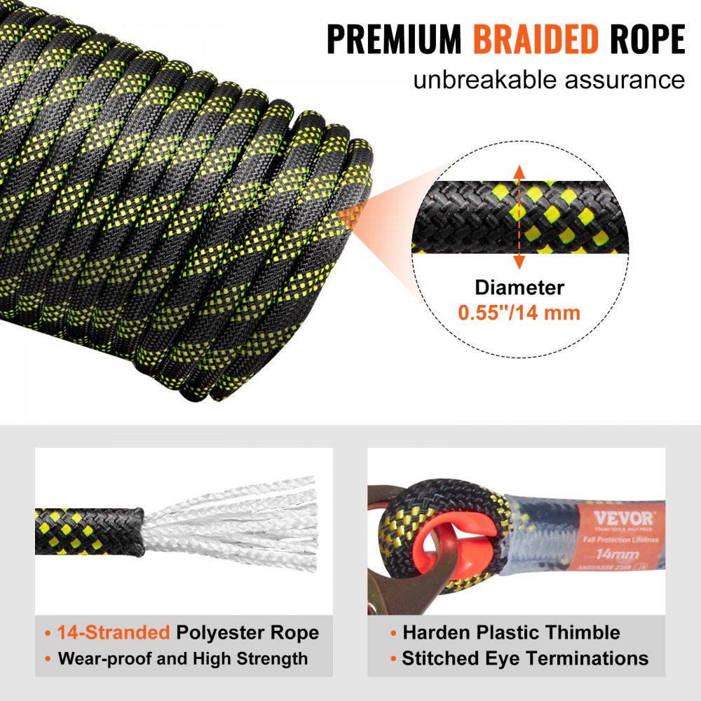 VEVOR Vertical Lifeline, 150ft (45.7m) Outdoor Climbing Rope 30KN Breaking Tension, Static Rock Climbing Rope with Steel Snap Hooks and Rope Grap, for Escape, Outdoor Adventures, and Lumbering, Black & Yellow