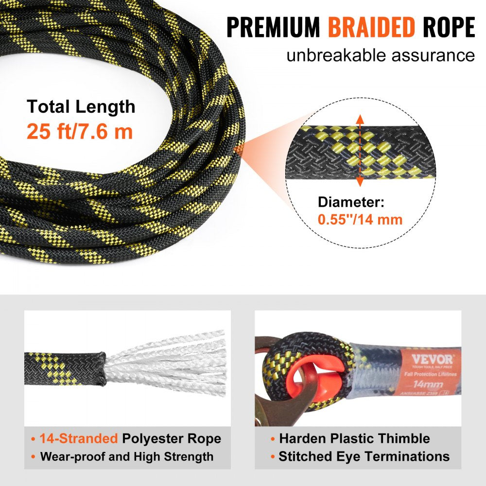 VEVOR Vertical Lifeline Assembly, 0.55'' x 25' Fall Protection Rope with 30 KN Breaking Tension, Polyester Roofing Rope with Steel Snap Hooks, Rope Grab, and Shock Absorber, ANSI Compliant